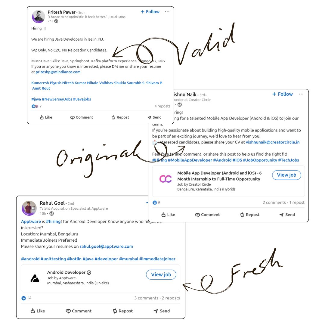 Examples of sourced job leads from public posts